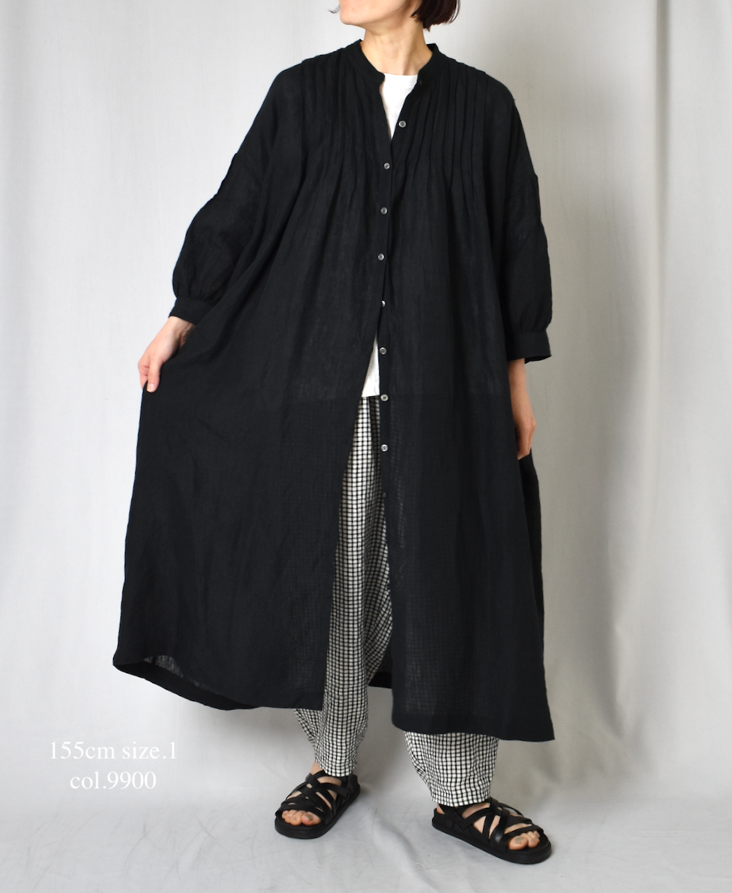 INSL25203(ワンピース) 60s LINEN PLAIN BANDED COLLAR 3/4SL PINTUCK DRESS