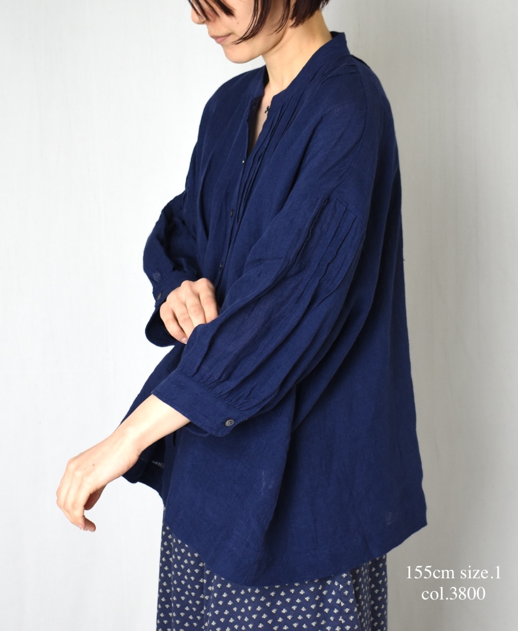 ●INSL24201(シャツ) 60s LINEN PLAIN BANDED COLLAR 3/4SL PINTUCK SHIRT