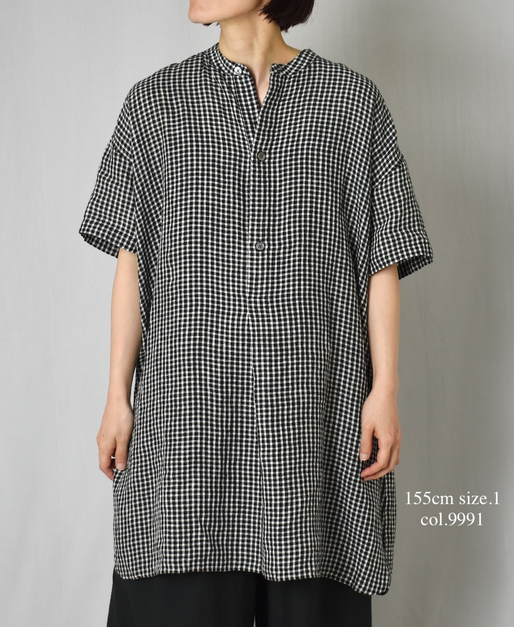 INSL25213(チュニック) 60s LINEN CHECK BANDED COLLAR 3/4SL TUNIC