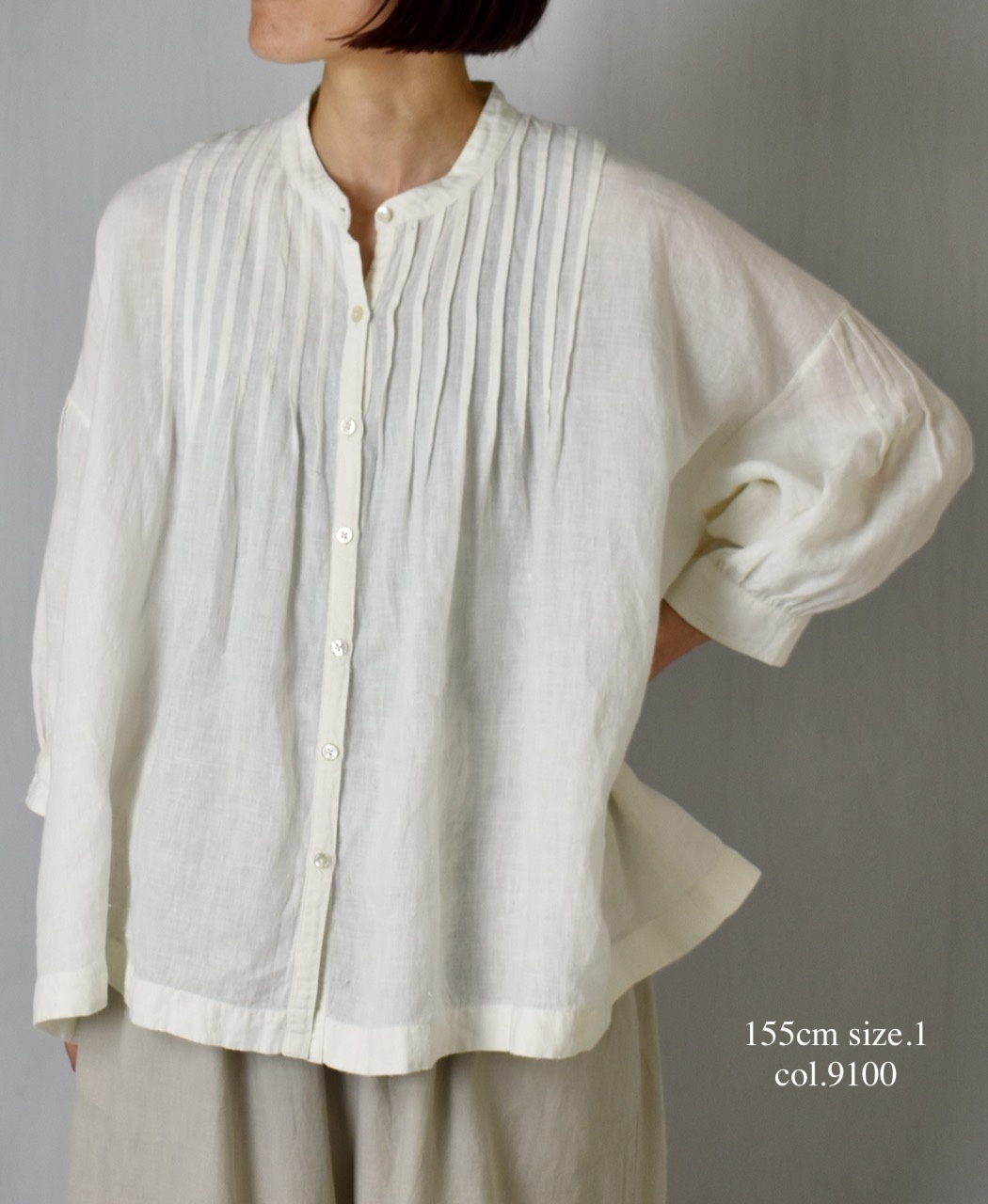 ●INSL24201(シャツ) 60s LINEN PLAIN BANDED COLLAR 3/4SL PINTUCK SHIRT
