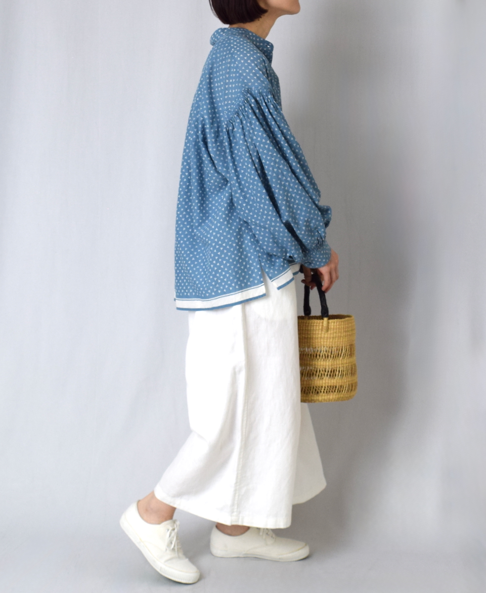 ●INMDS25101(シャツ) 80s VOILE TRIANGLE BLOCK PRINT BANDED COLLAR SHIRT WITH MINI PINTUCK