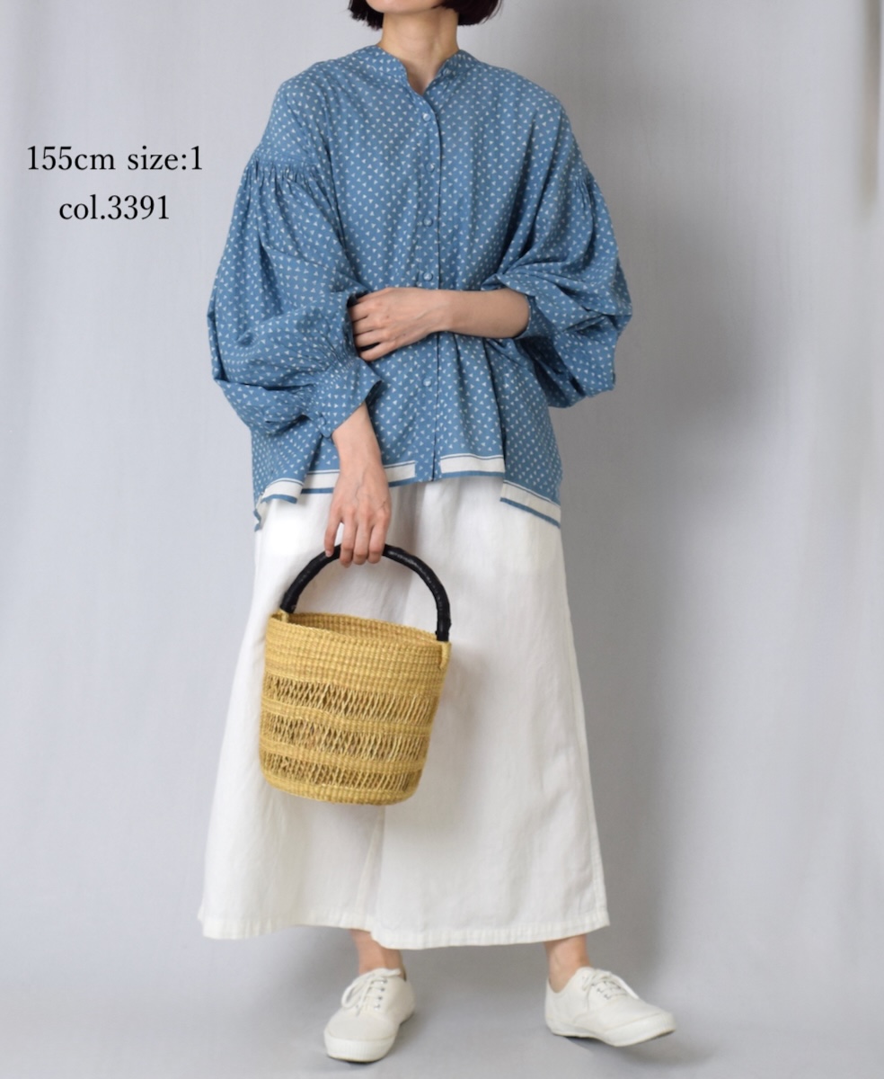 ●INMDS25101(シャツ) 80s VOILE TRIANGLE BLOCK PRINT BANDED COLLAR SHIRT WITH MINI PINTUCK