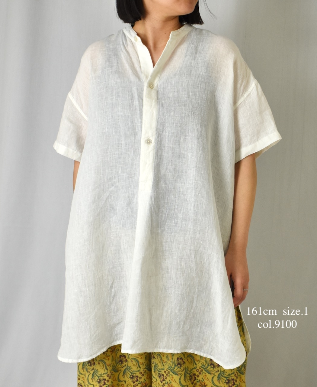 INSL25202(チュニック) 60s LINEN PLAIN BANDED COLLAR 3/4SL TUNIC