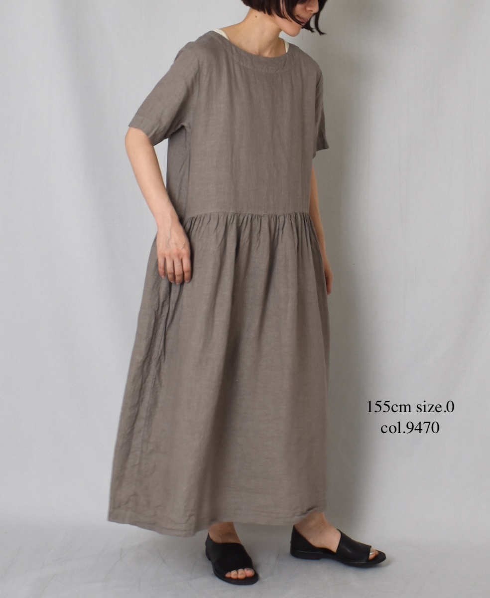 ●NAM1632LP (ワンピース) LINEN PLAIN (OVERDYE) BOAT NECK S/SL ONE-PIECE