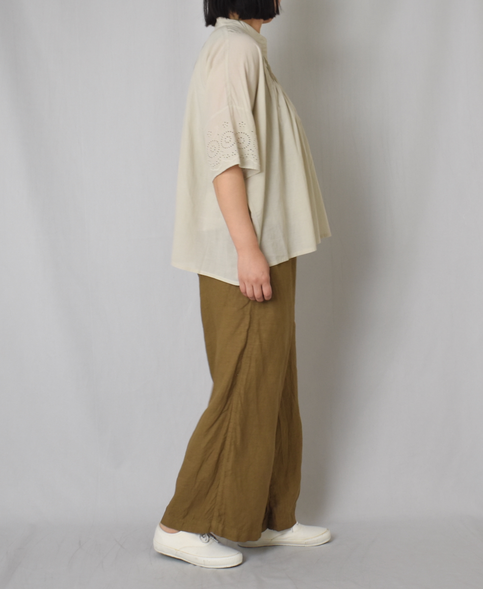 ●INSL24221 (シャツ) 80s VOILE PLAIN WITH CUT WORK LACE BANDED COLLAR PINTUCK SHIRT
