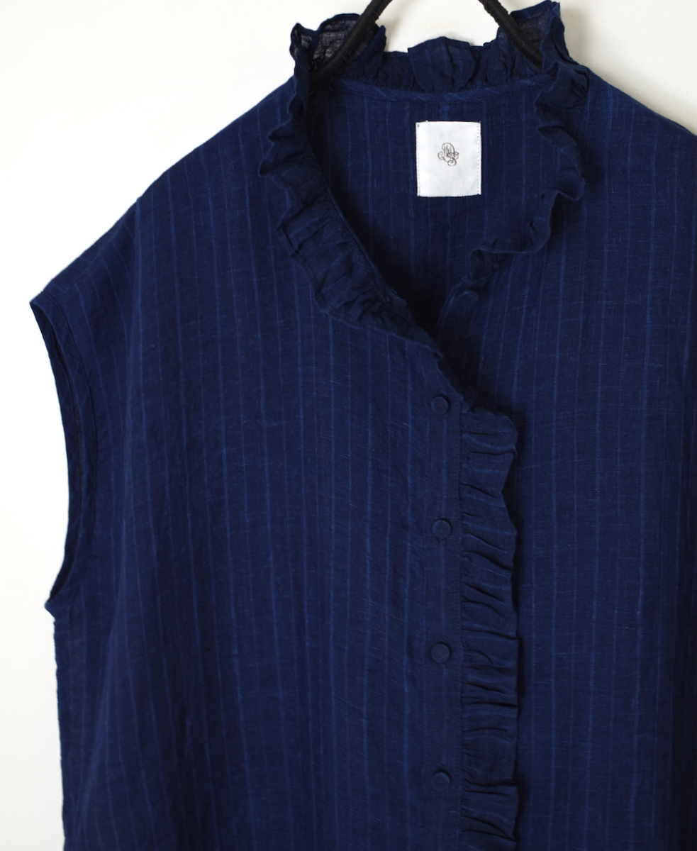 INMDS25121(シャツ) YARN DYE NATURAL INDIGO NO/SL FRILL COLLAR SHIRT