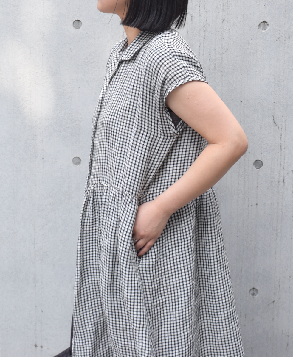 INSL25214(ワンピース) 60s LINEN CHECK OPEN COLLAR SHIRT DRESS