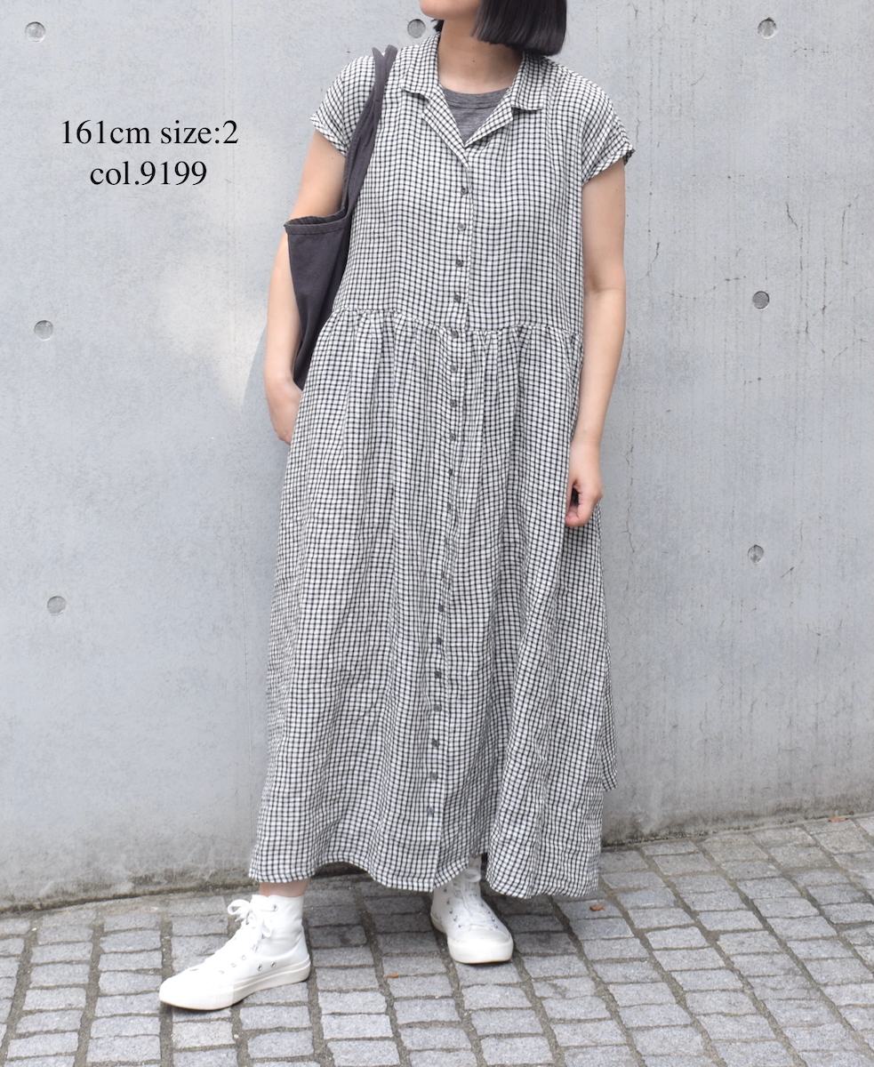 INSL25214(ワンピース) 60s LINEN CHECK OPEN COLLAR SHIRT DRESS