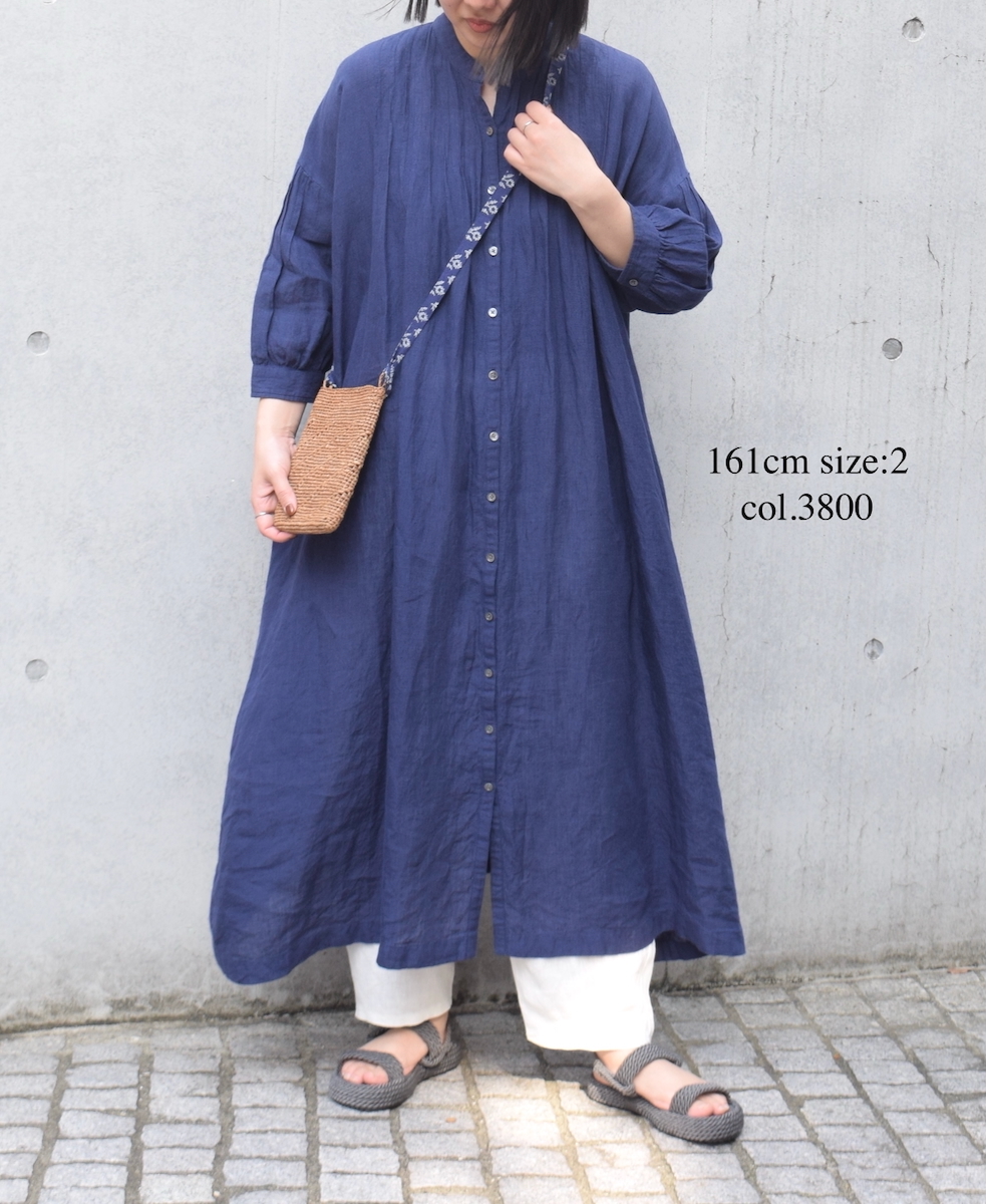 INSL25203(ワンピース) 60s LINEN PLAIN BANDED COLLAR 3/4SL PINTUCK DRESS
