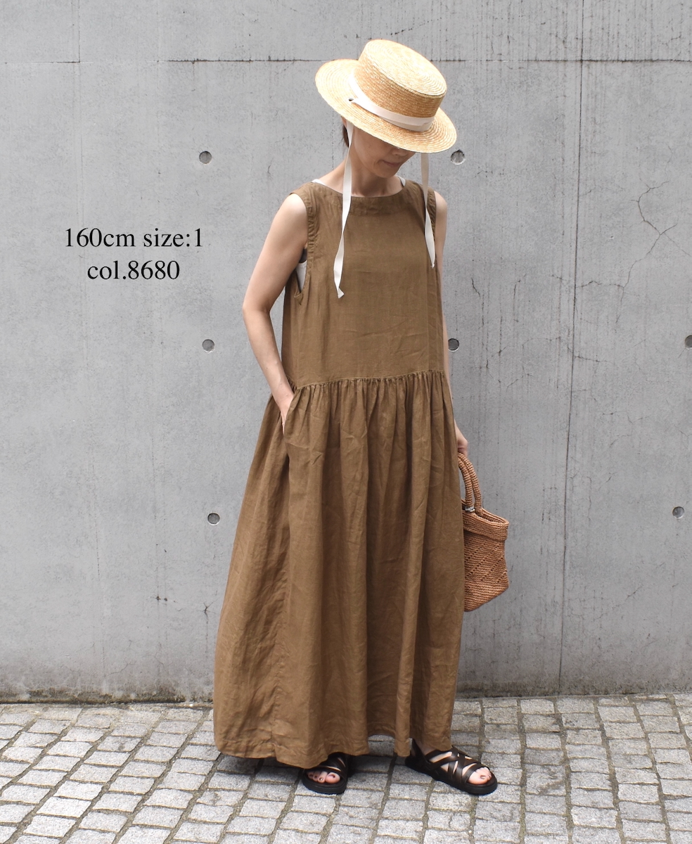 NAM1633LP (ワンピース) LINEN PLAIN (OVERDYE) BOAT NECK NO/SL ONE-PIECE