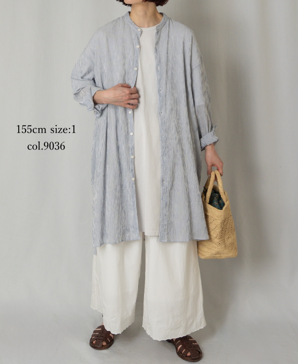 INAM2503GSD(シャツ) SINGLE GAUZE STRIPE OVERDYE BANDED COLLAR LONG SHIRT