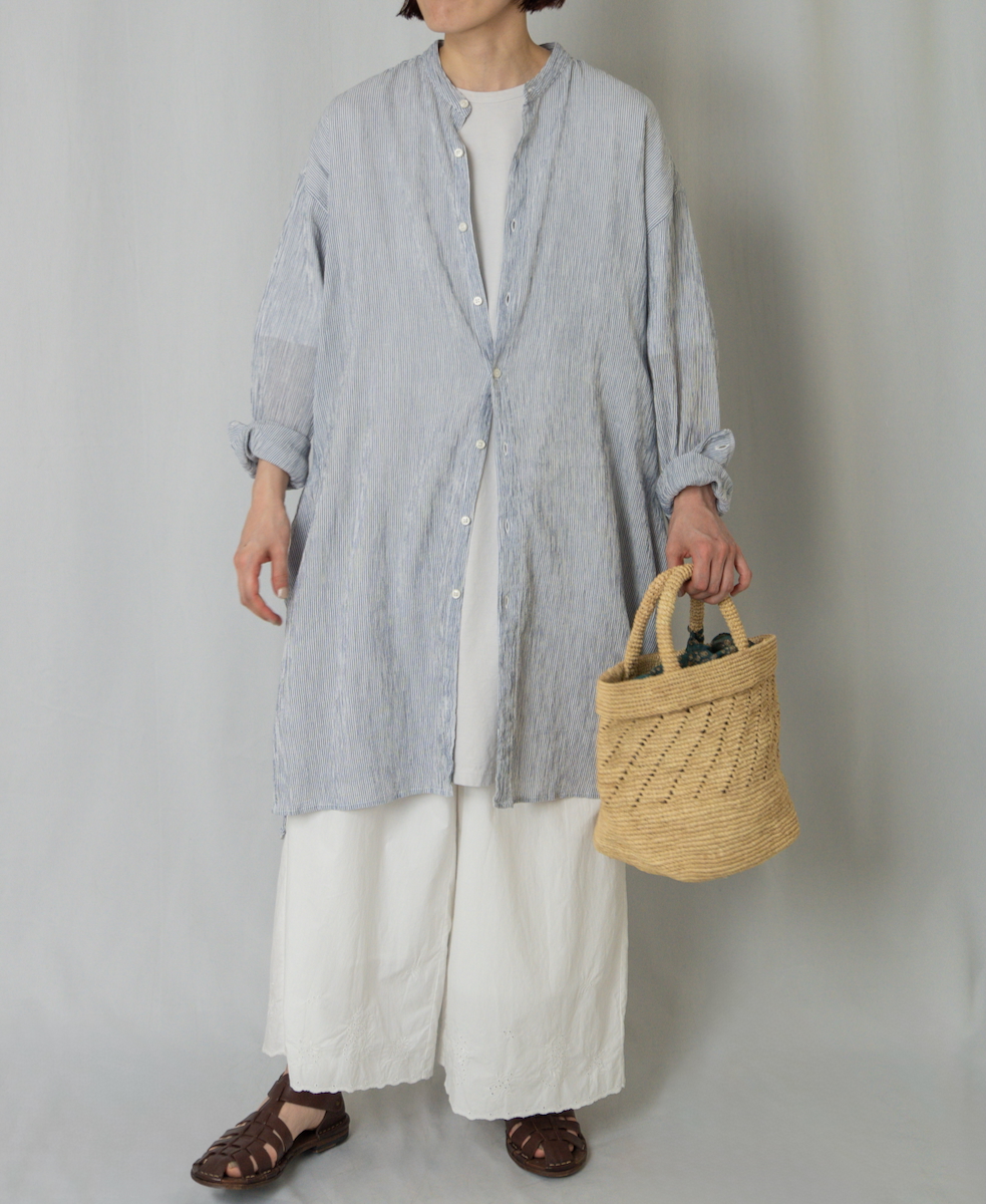 INAM2503GSD(シャツ) SINGLE GAUZE STRIPE OVERDYE BANDED COLLAR LONG SHIRT