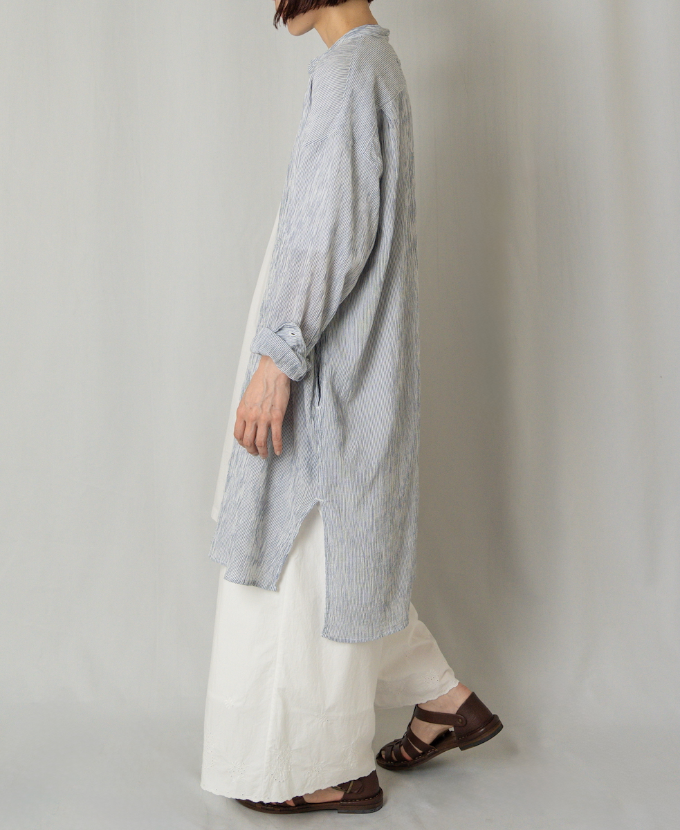 INAM2503GSD(シャツ) SINGLE GAUZE STRIPE OVERDYE BANDED COLLAR LONG SHIRT