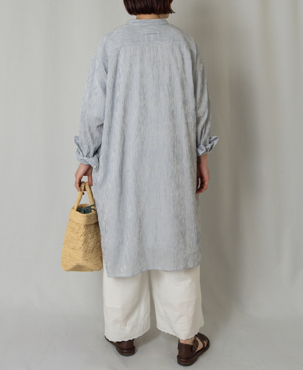 INAM2503GSD(シャツ) SINGLE GAUZE STRIPE OVERDYE BANDED COLLAR LONG SHIRT