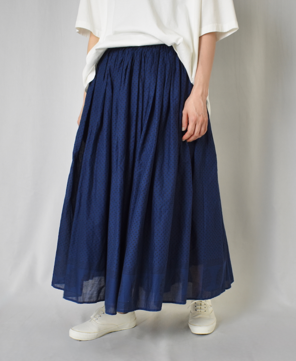 NMDS25264(スカート) 80s VOIL DOT&TREE BLOCK PRINT RAJASTHAN TUCK GATHERED SKIRT WITH LINING