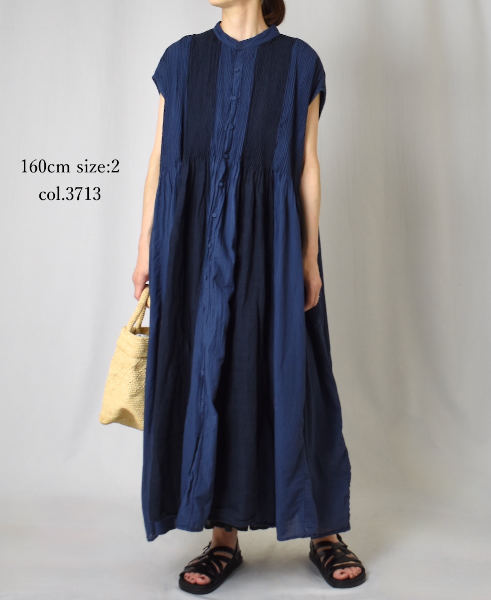 NMDS25234D(ワンピース) COTTON&LINEN PATCHWORK(OVERDYE) CREW-NECK BANDED F/SL SHIRT DRESS WITH MINI PINTUCK
