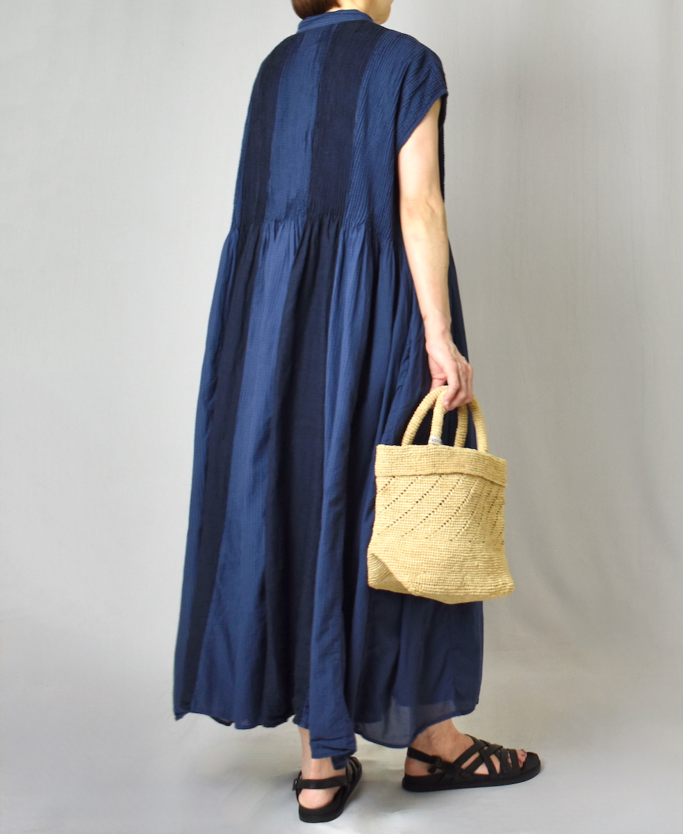 NMDS25234D(ワンピース) COTTON&LINEN PATCHWORK(OVERDYE) CREW-NECK BANDED F/SL SHIRT DRESS WITH MINI PINTUCK