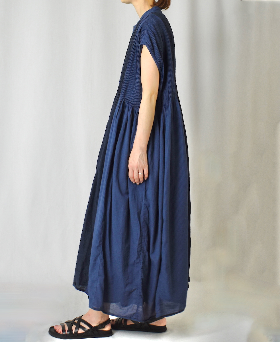NMDS25234D(ワンピース) COTTON&LINEN PATCHWORK(OVERDYE) CREW-NECK BANDED F/SL SHIRT DRESS WITH MINI PINTUCK
