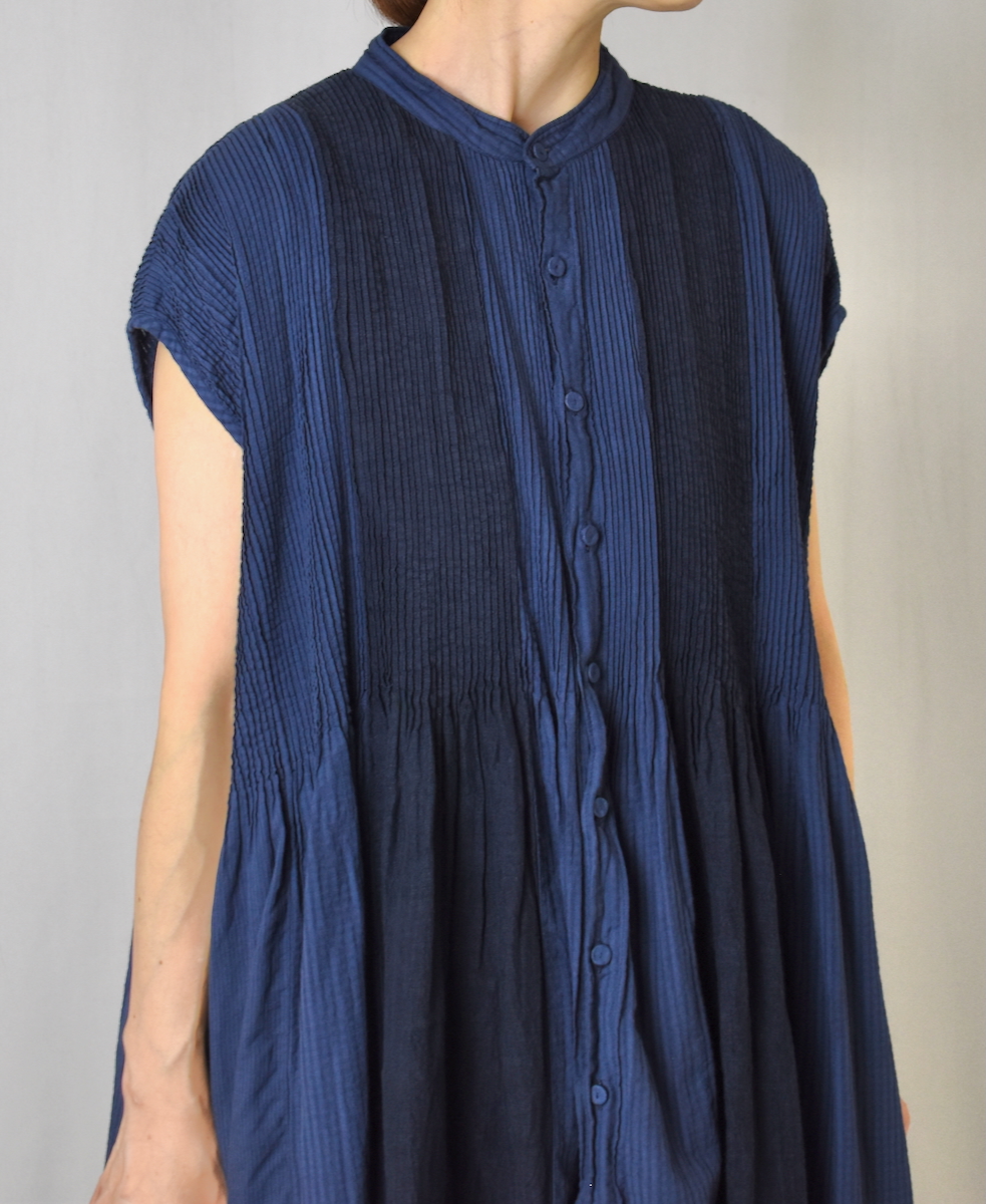 NMDS25234D(ワンピース) COTTON&LINEN PATCHWORK(OVERDYE) CREW-NECK BANDED F/SL SHIRT DRESS WITH MINI PINTUCK