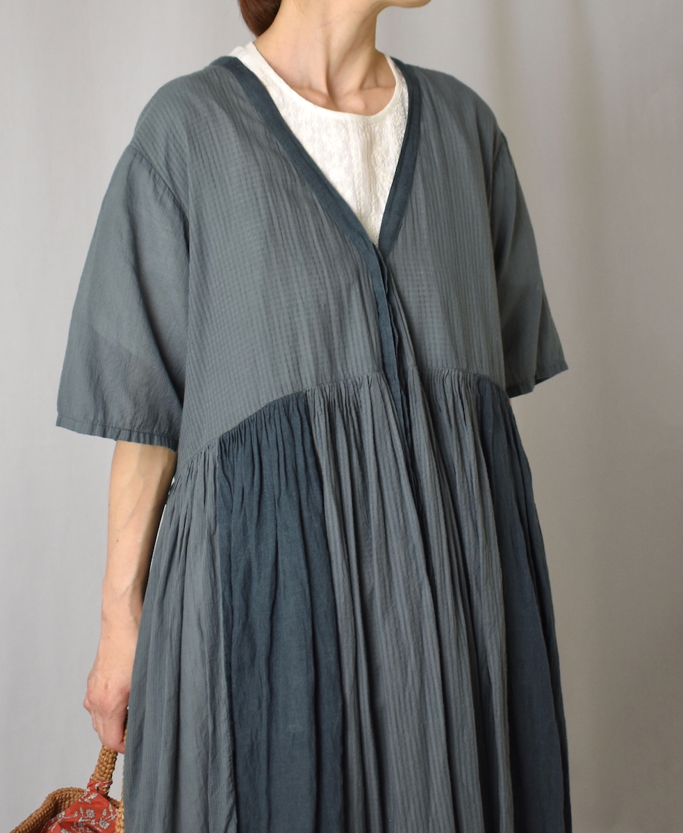 NMDS25233D(ワンピース) COTTON&LINEN PATCHWORK(OVERDYE) GATHERED WRAP DRESS