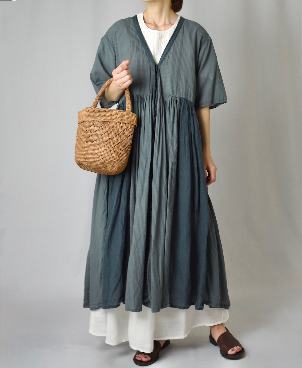 NMDS25233D(ワンピース) COTTON&LINEN PATCHWORK(OVERDYE) GATHERED WRAP DRESS