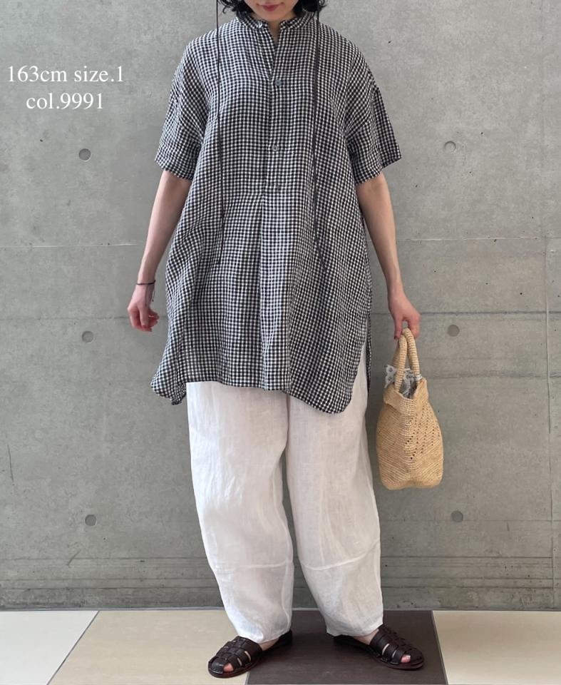 INSL25213(チュニック) 60s LINEN CHECK BANDED COLLAR 3/4SL TUNIC