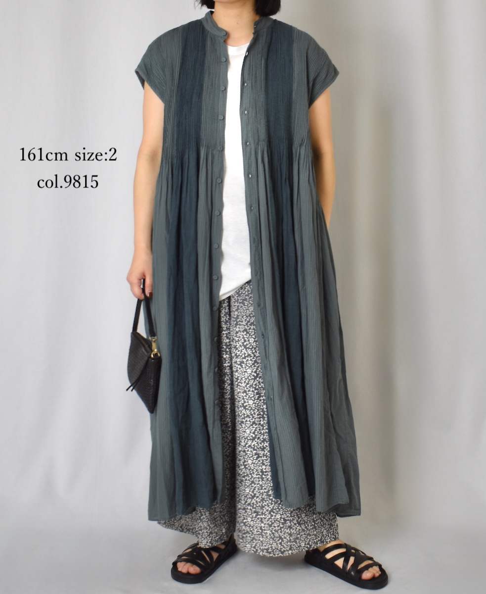 NMDS25234D(ワンピース) COTTON&LINEN PATCHWORK(OVERDYE) CREW-NECK BANDED F/SL SHIRT DRESS WITH MINI PINTUCK