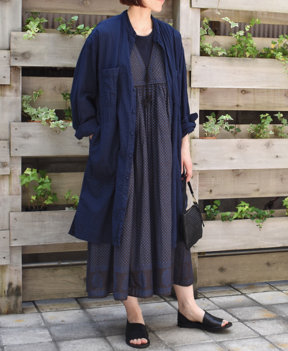 NMDS25263(ワンピース) 80s VOIL DOT&TREE BLOCK PRINT V-NECK NO/SL QUILTING DRESS