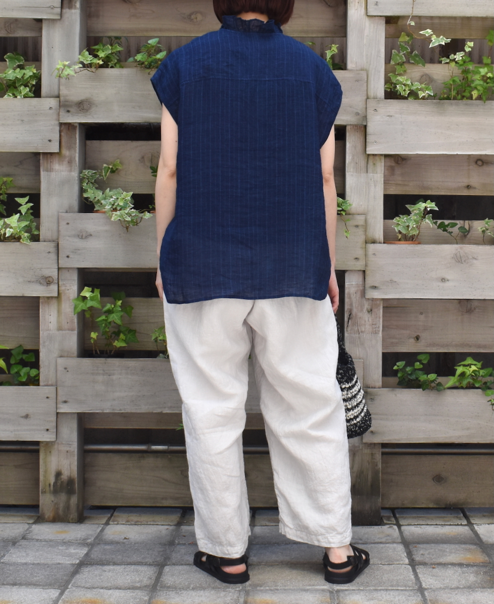 INMDS25121(シャツ) YARN DYE NATURAL INDIGO NO/SL FRILL COLLAR SHIRT
