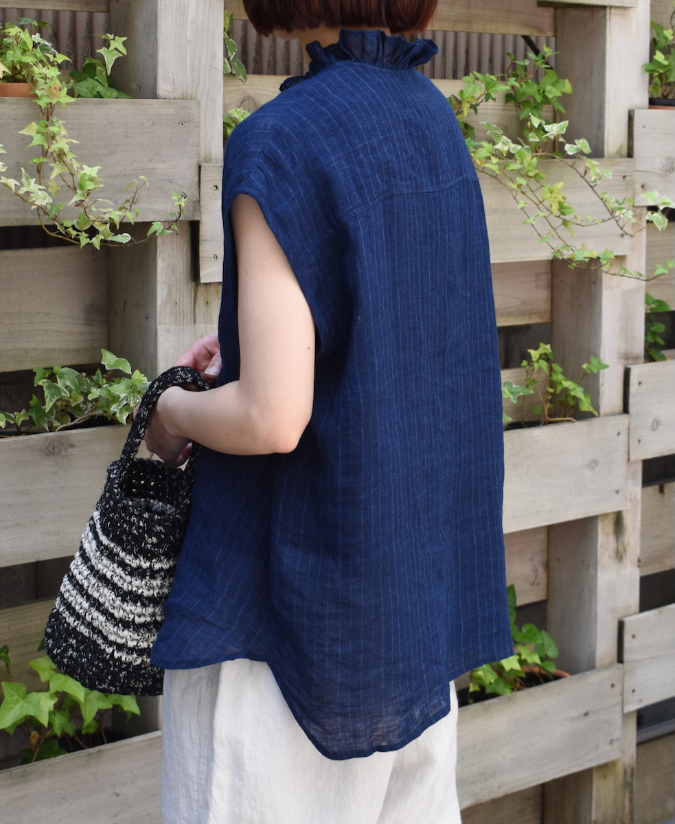 INMDS25121(シャツ) YARN DYE NATURAL INDIGO NO/SL FRILL COLLAR SHIRT