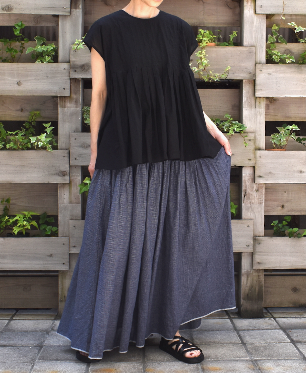INMDS25055(スカート) HANDWOVEN COTTON SINGLE CHECK FLARED SKIRT WITH PINTUCK