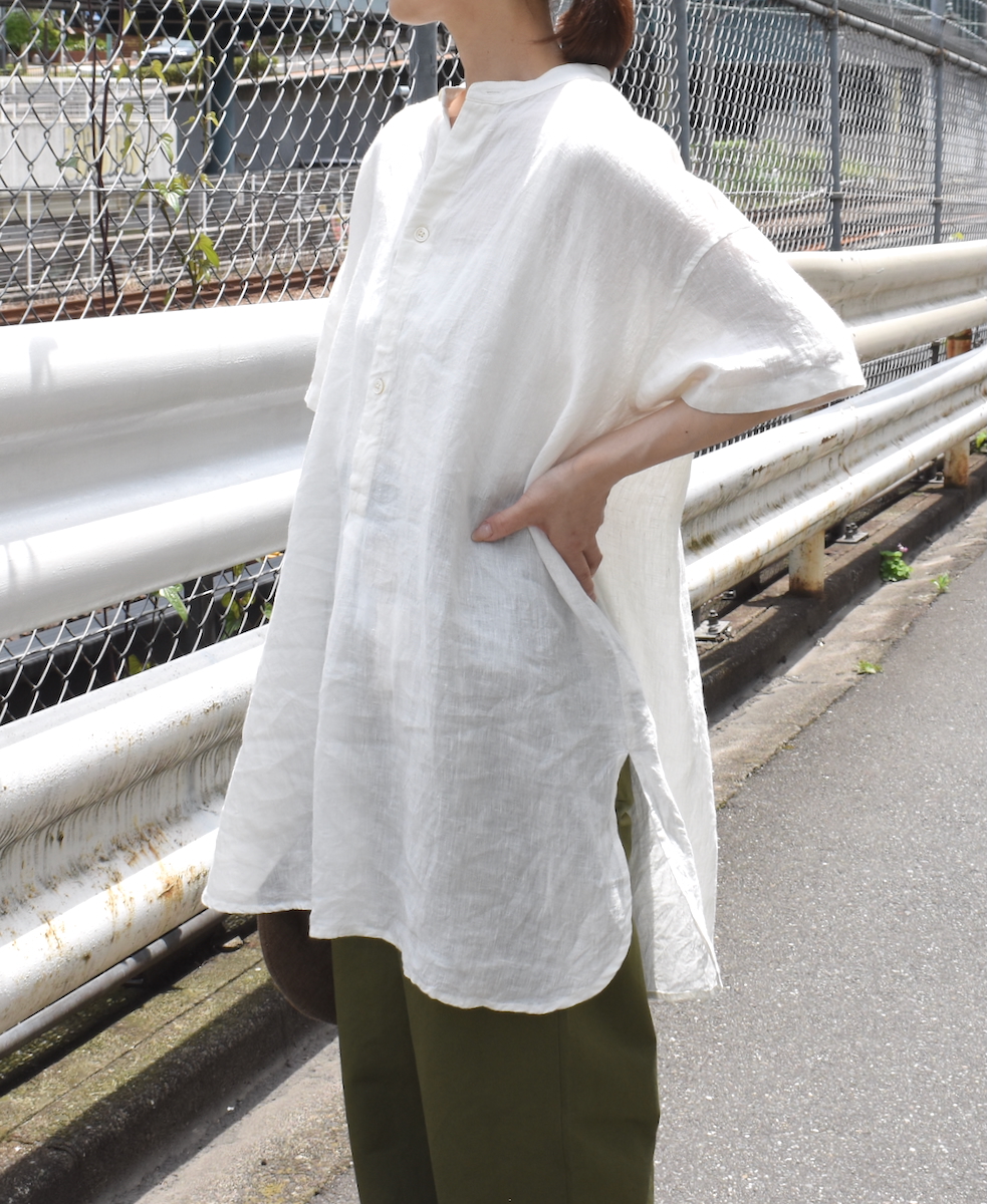 INSL25202(チュニック) 60s LINEN PLAIN BANDED COLLAR 3/4SL TUNIC