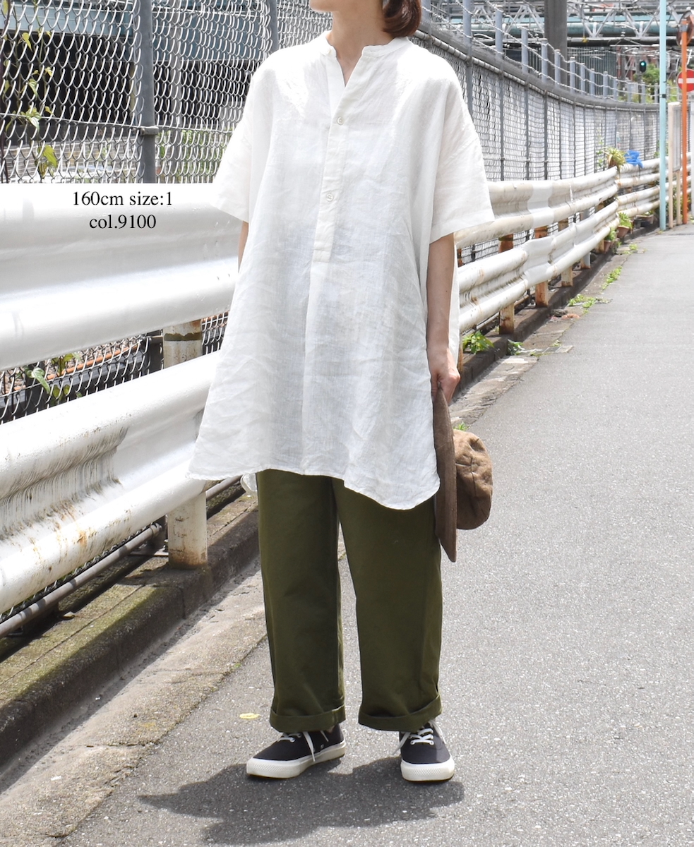 INSL25202(チュニック) 60s LINEN PLAIN BANDED COLLAR 3/4SL TUNIC