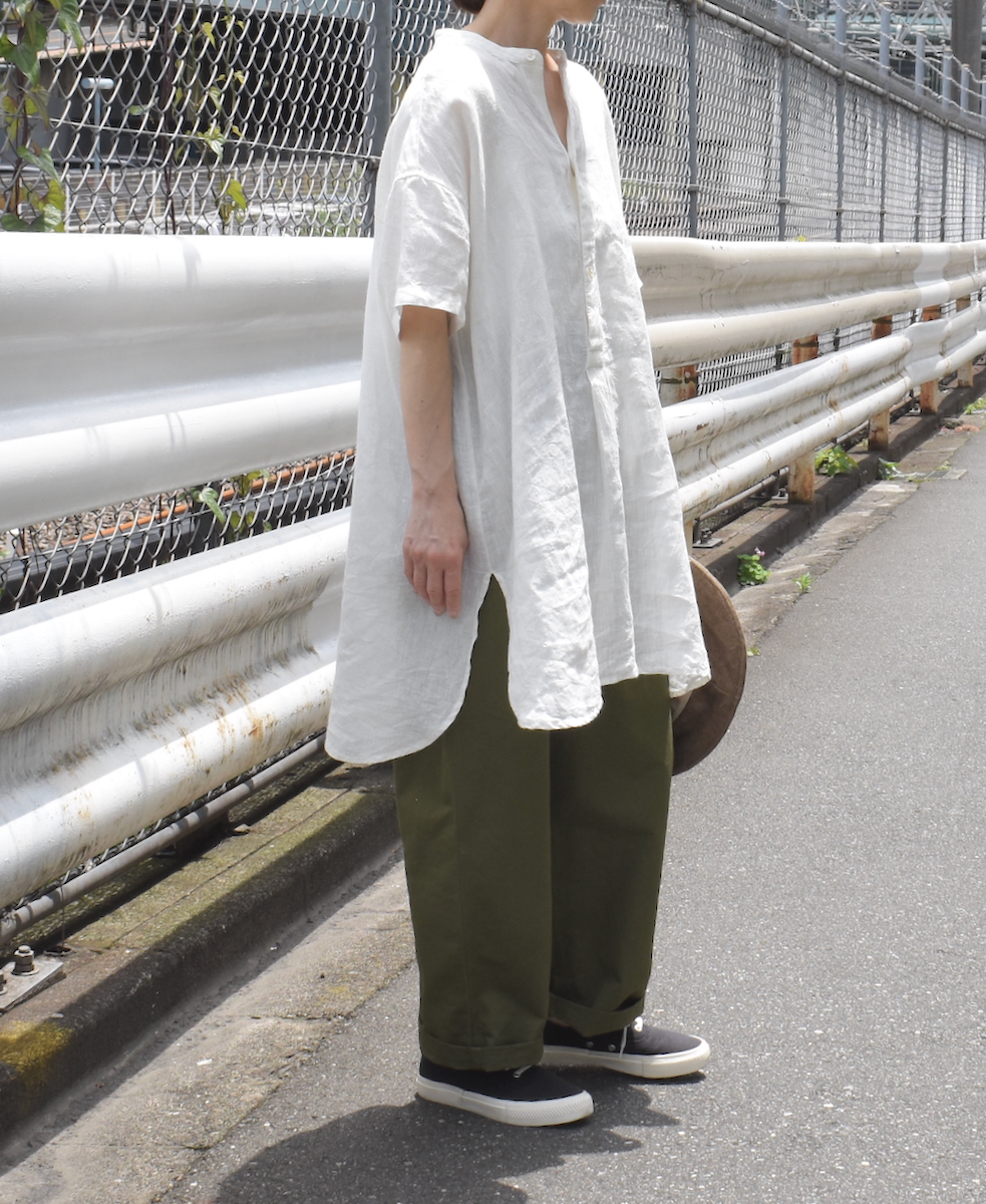 INSL25202(チュニック) 60s LINEN PLAIN BANDED COLLAR 3/4SL TUNIC
