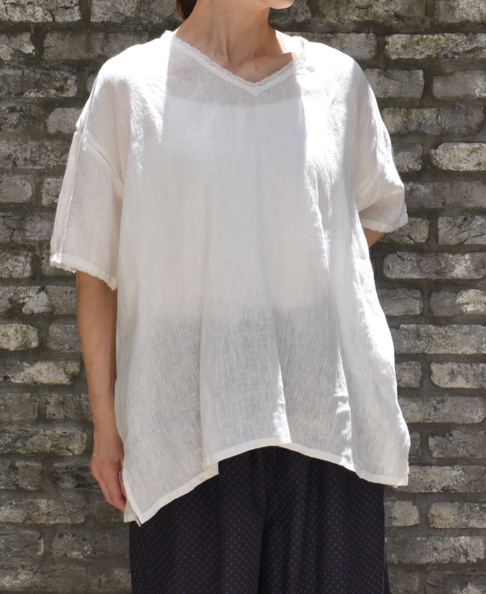 NMDS25243(プルオーバー) 80s POWER LOOM LINEN PLAIN V-NECK LACE S/SL PULLOVER