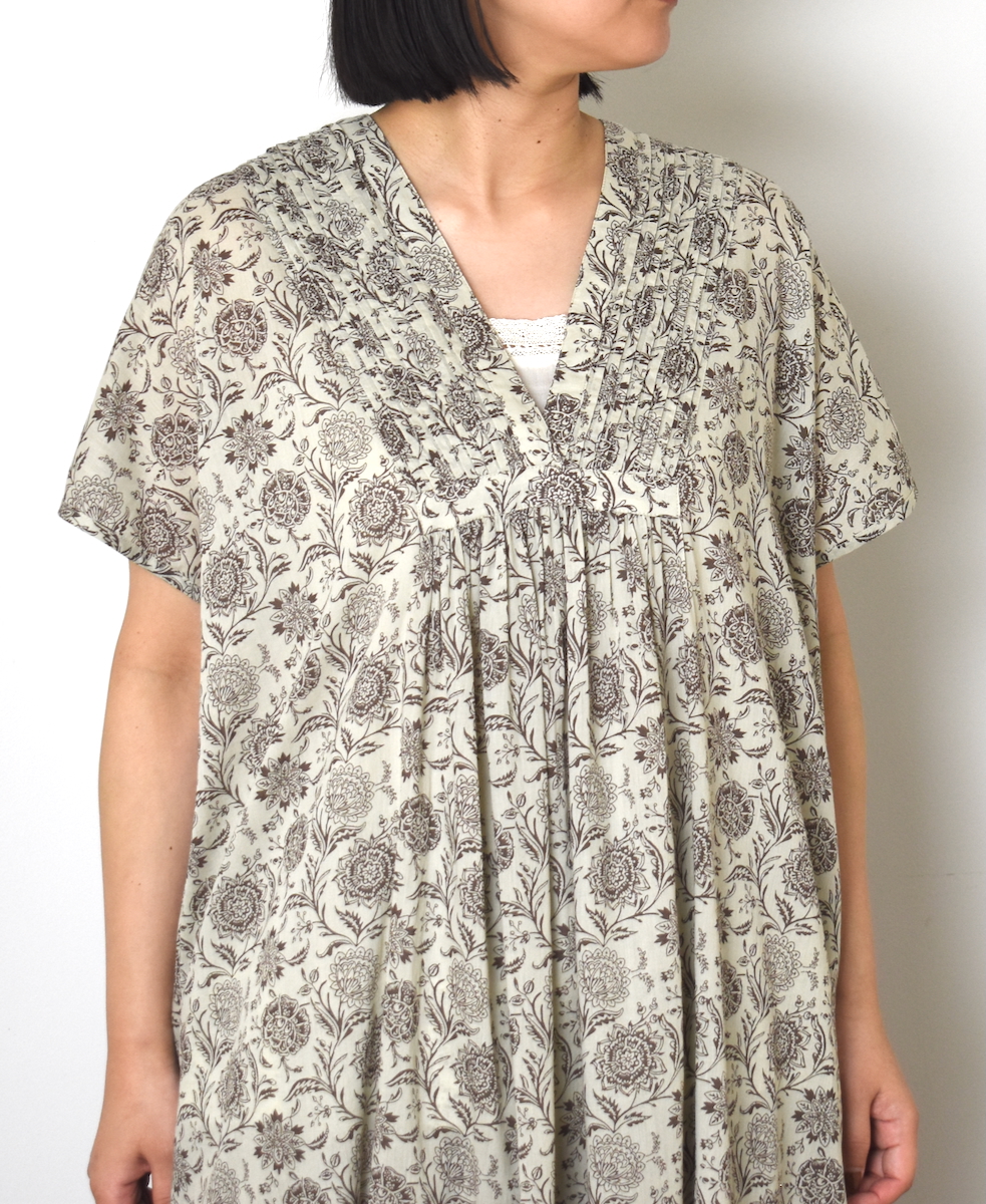 ●NSL25083(ワンピース) 80s VOILE TWO TONE FLOWER PRINT V-NECK FRENCH/SL DRESS