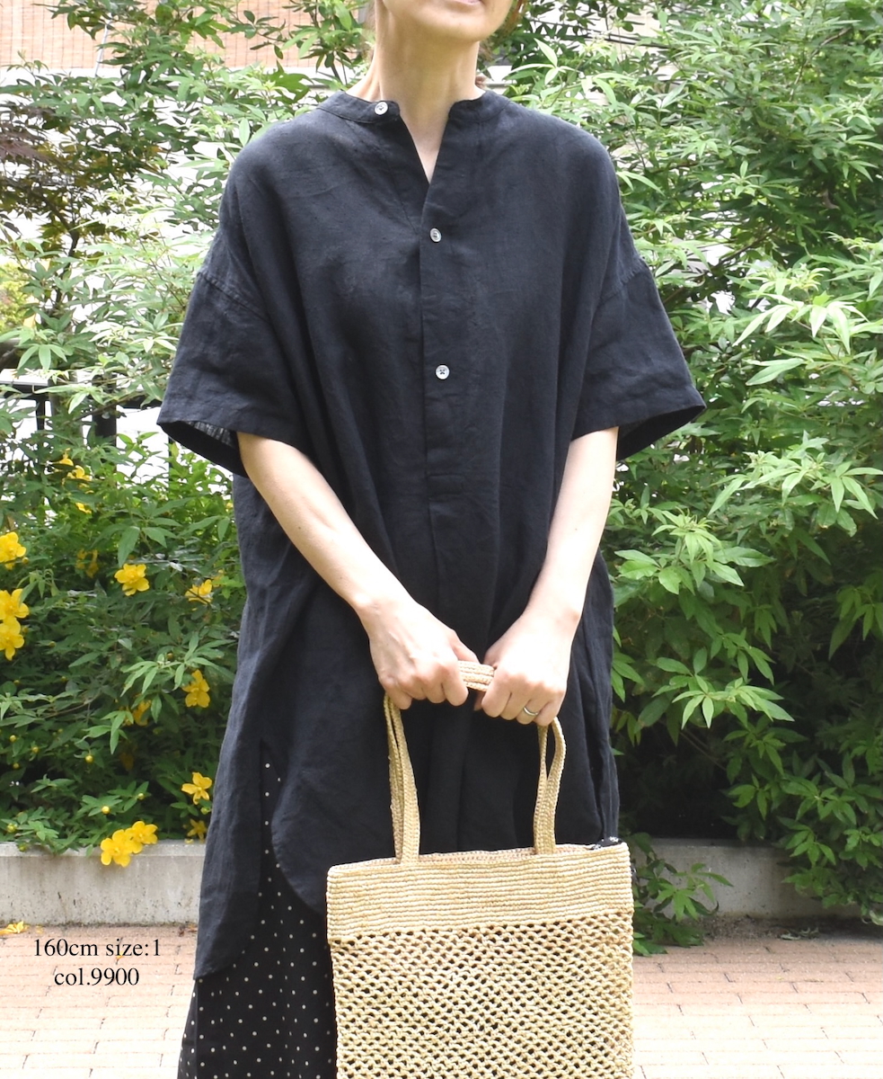 INSL25202(チュニック) 60s LINEN PLAIN BANDED COLLAR 3/4SL TUNIC