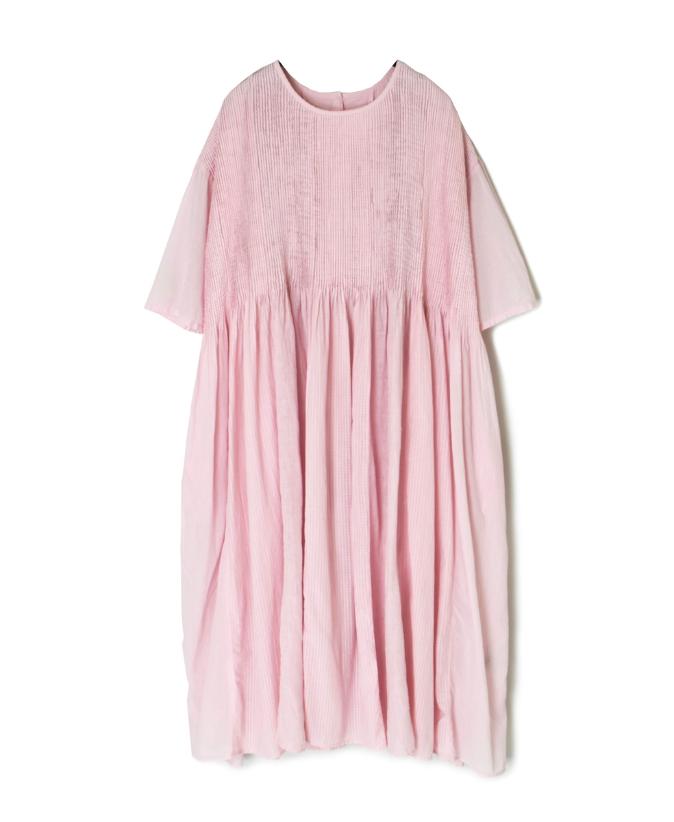 ●NMDS25232D(ワンピース) COTTON&LINEN PATCHWORK(OVERDYE) CREW-NECK S/SL SHIRT DRESS WITH MINI PINTUCK