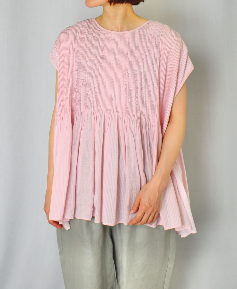 ●NMDS25231D(シャツ) COTTON&LINEN PATCHWORK(OVERDYE) CREW-NECK F/SL SHIRT WITH MINI PINTUCK