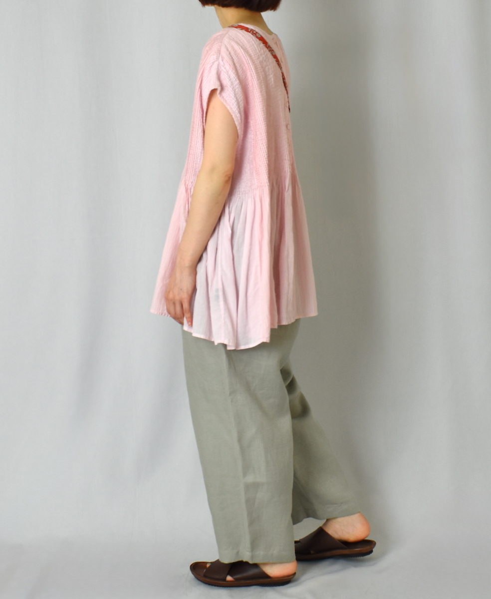 ●NMDS25231D(シャツ) COTTON&LINEN PATCHWORK(OVERDYE) CREW-NECK F/SL SHIRT WITH MINI PINTUCK