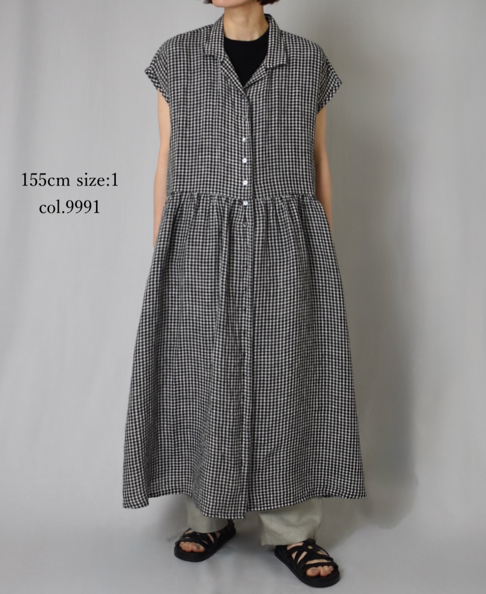 INSL25214(ワンピース) 60s LINEN CHECK OPEN COLLAR SHIRT DRESS