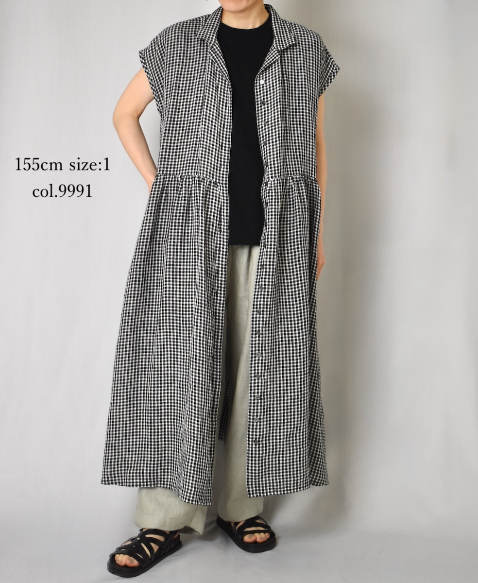 INSL25214(ワンピース) 60s LINEN CHECK OPEN COLLAR SHIRT DRESS