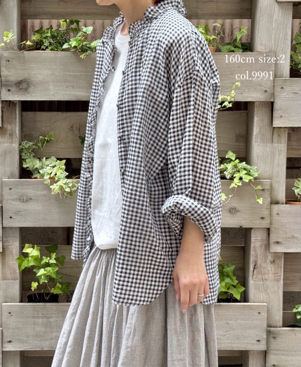 ●INMDS25022(シャツ) HANDWOVEN COTTON/SILK GINGHAM CHECK FRILL COLLAR SHIRT