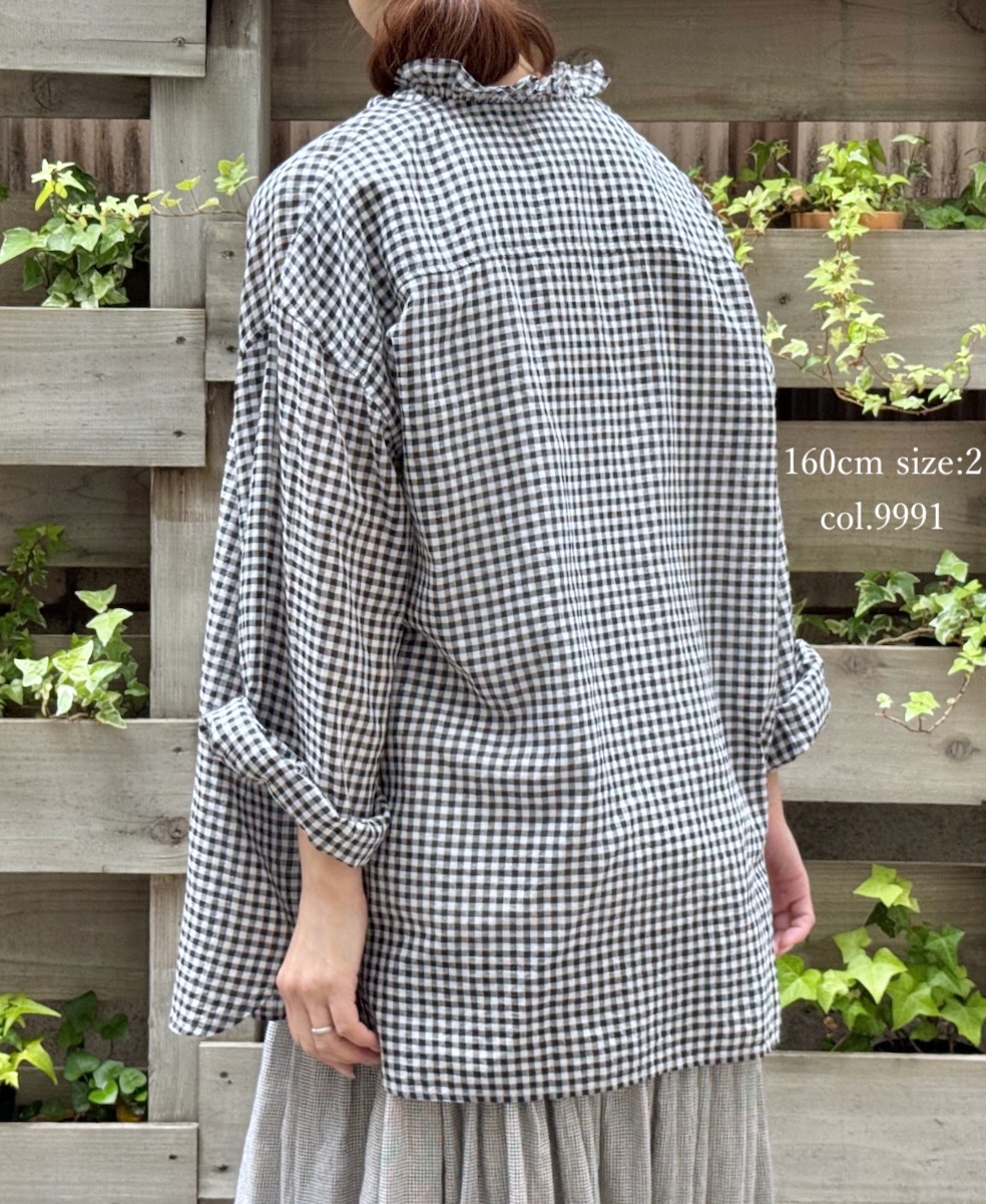●INMDS25022(シャツ) HANDWOVEN COTTON/SILK GINGHAM CHECK FRILL COLLAR SHIRT