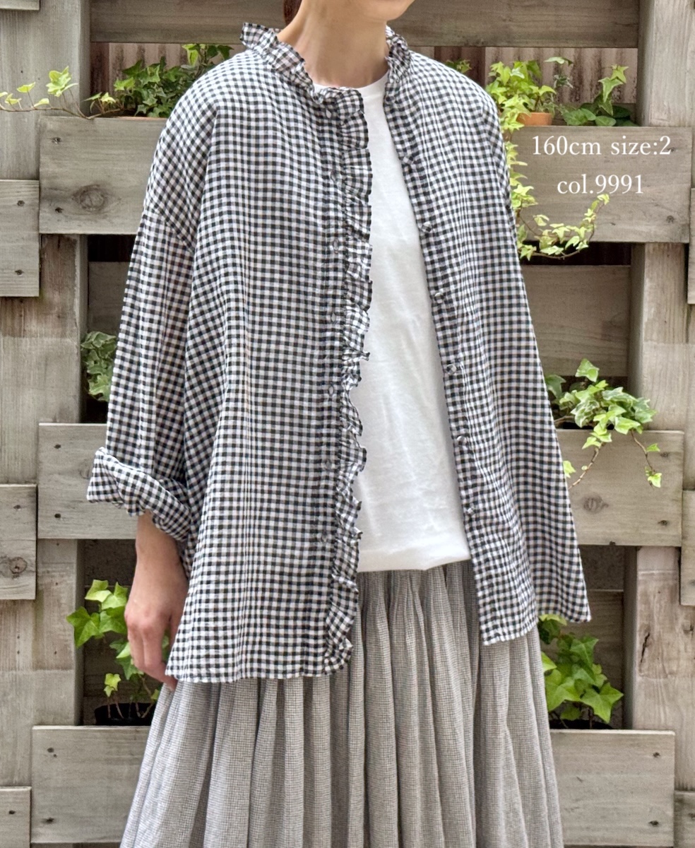 ●INMDS25022(シャツ) HANDWOVEN COTTON/SILK GINGHAM CHECK FRILL COLLAR SHIRT