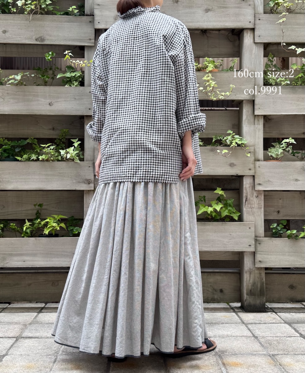 ●INMDS25022(シャツ) HANDWOVEN COTTON/SILK GINGHAM CHECK FRILL COLLAR SHIRT