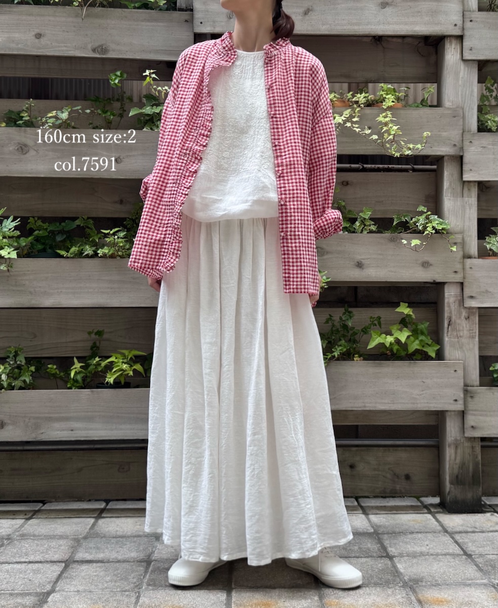 ●INMDS25022(シャツ) HANDWOVEN COTTON/SILK GINGHAM CHECK FRILL COLLAR SHIRT