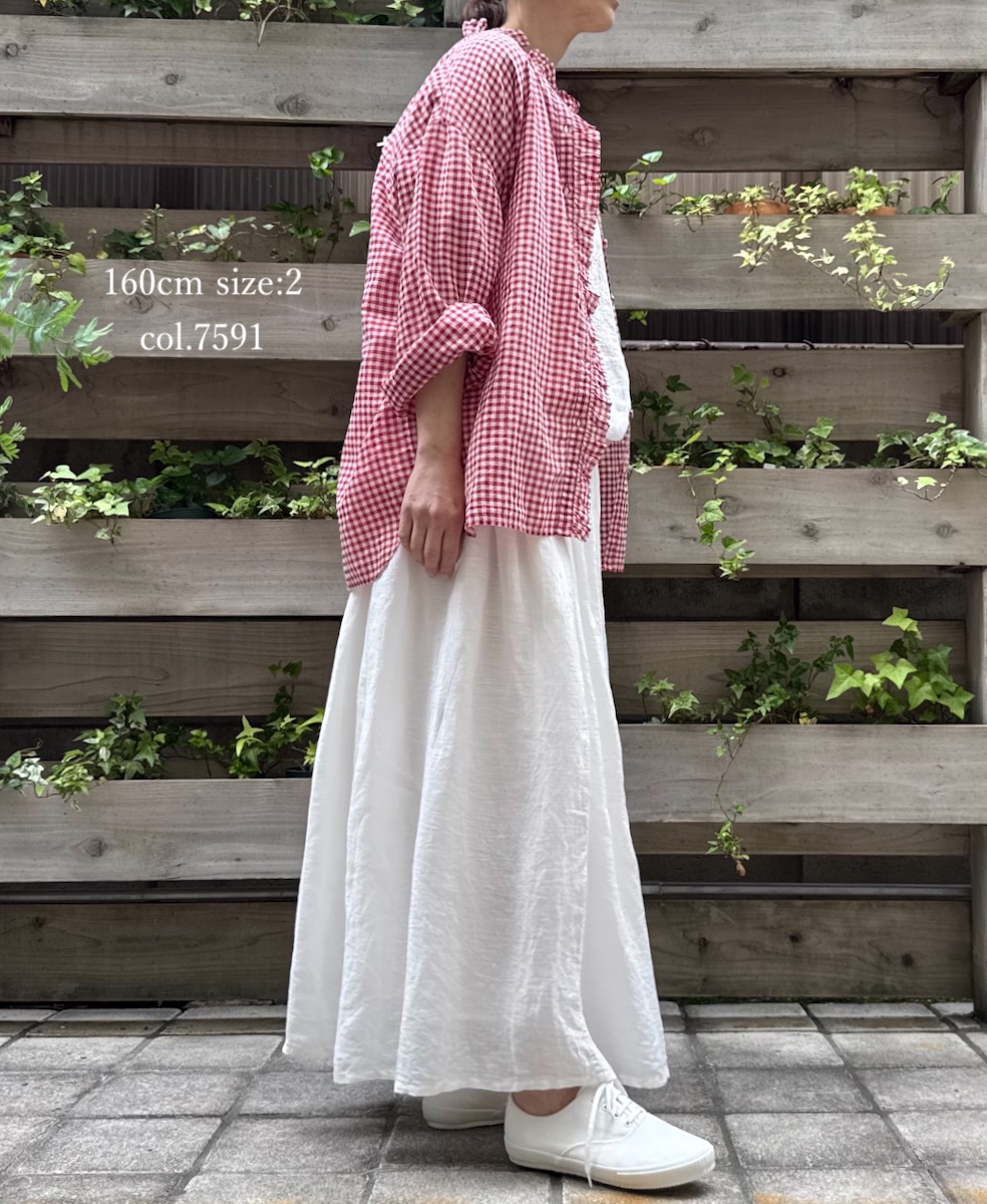 ●INMDS25022(シャツ) HANDWOVEN COTTON/SILK GINGHAM CHECK FRILL COLLAR SHIRT