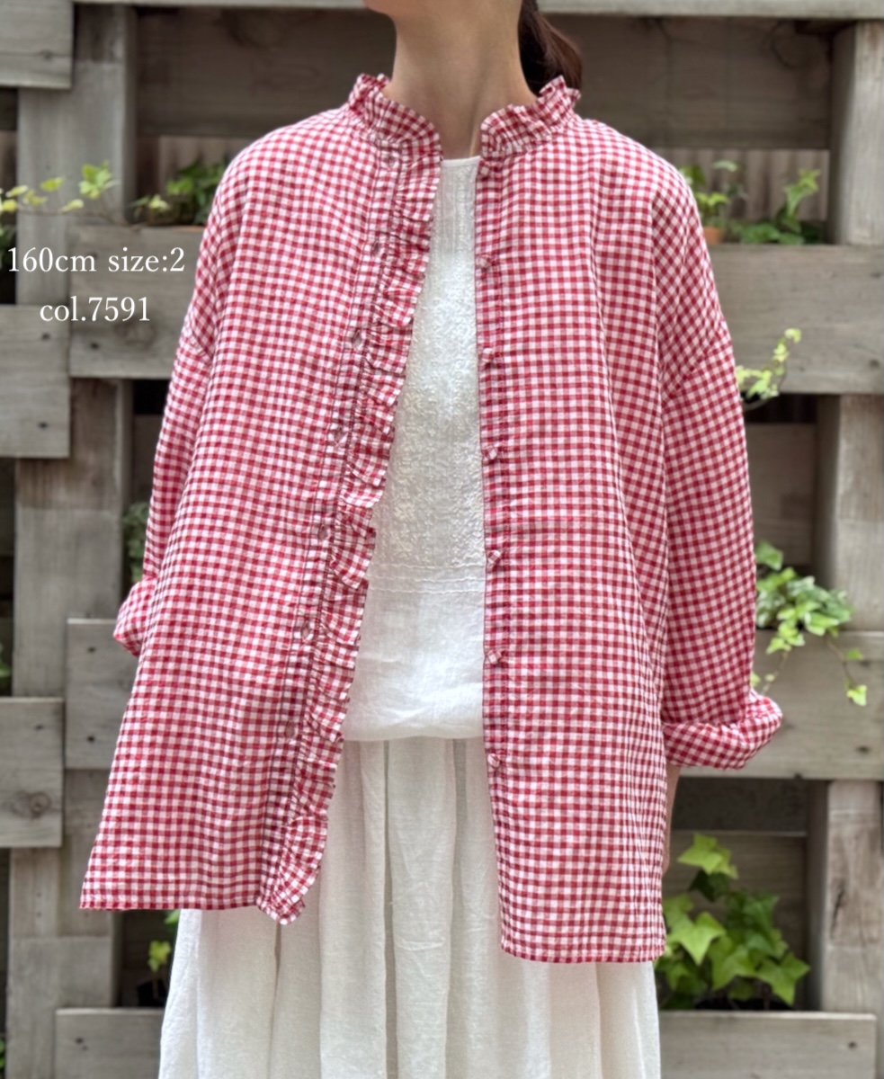 ●INMDS25022(シャツ) HANDWOVEN COTTON/SILK GINGHAM CHECK FRILL COLLAR SHIRT