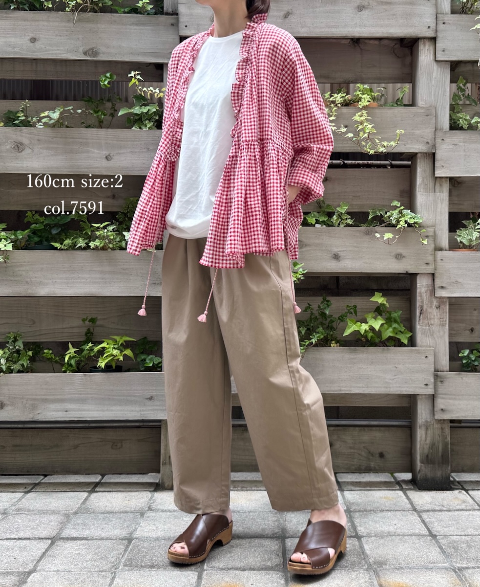 ●INMDS25021(ブラウス) HANDWOVEN COTTON/SILK GINGHAM CHECK FRILL CACHE COEUR